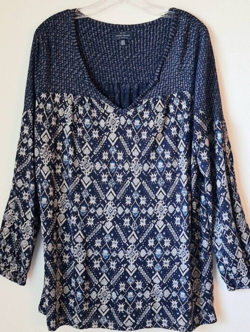 Lucky Brand Navy and White Geometric V-Neck Tunic Boho Size 1XL